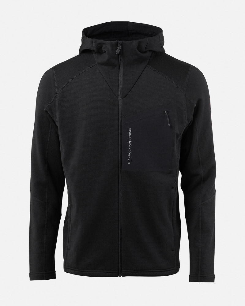 Black hooded jacket Black hooded jacket with zipper and chest pocket. Print: THE MOUNTAIN STUDIO.