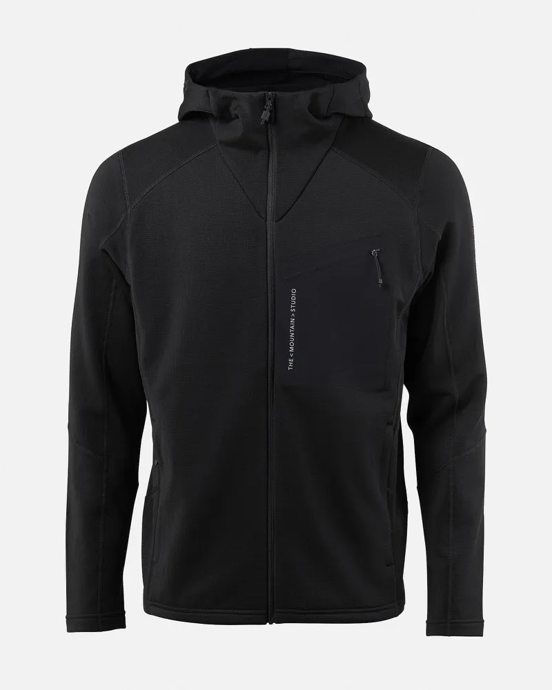 Black hooded jacket with zipper and chest pocket. Print: THE MOUNTAIN STUDIO.