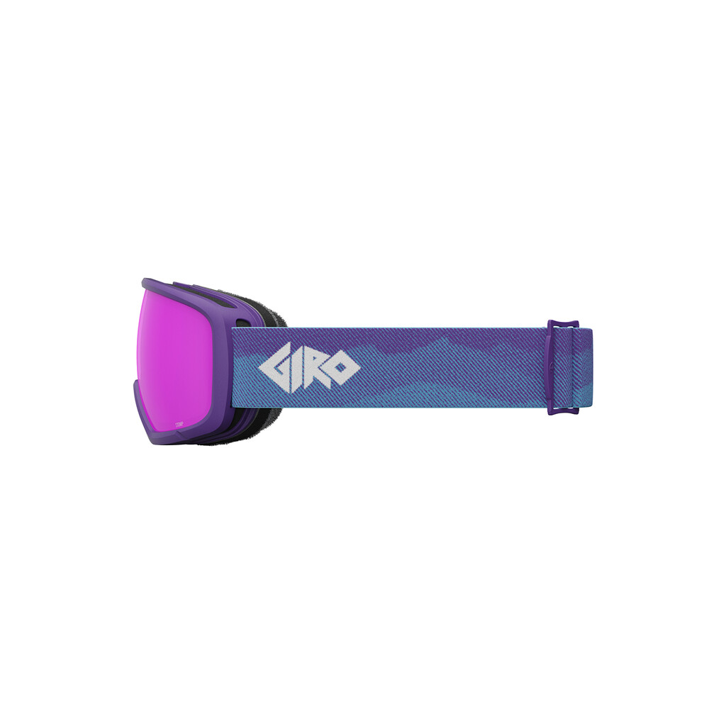 Lunettes de ski violettes Giro Stomp Flash, vue latérale. Le verre est rose, le bandeau est à motifs bleus et violets.