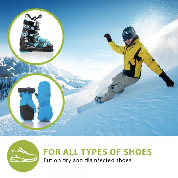Collage : chaussure de ski, gants dans un cercle, snowboarder sur une piste ; texte : Pour tous les types de chaussures, sec & désinfecté.