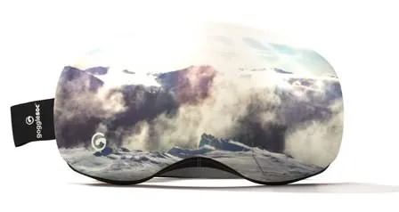 7th Heaven Pro Soc ski goggles with a mountain landscape motif and cloudy sky on the lens.