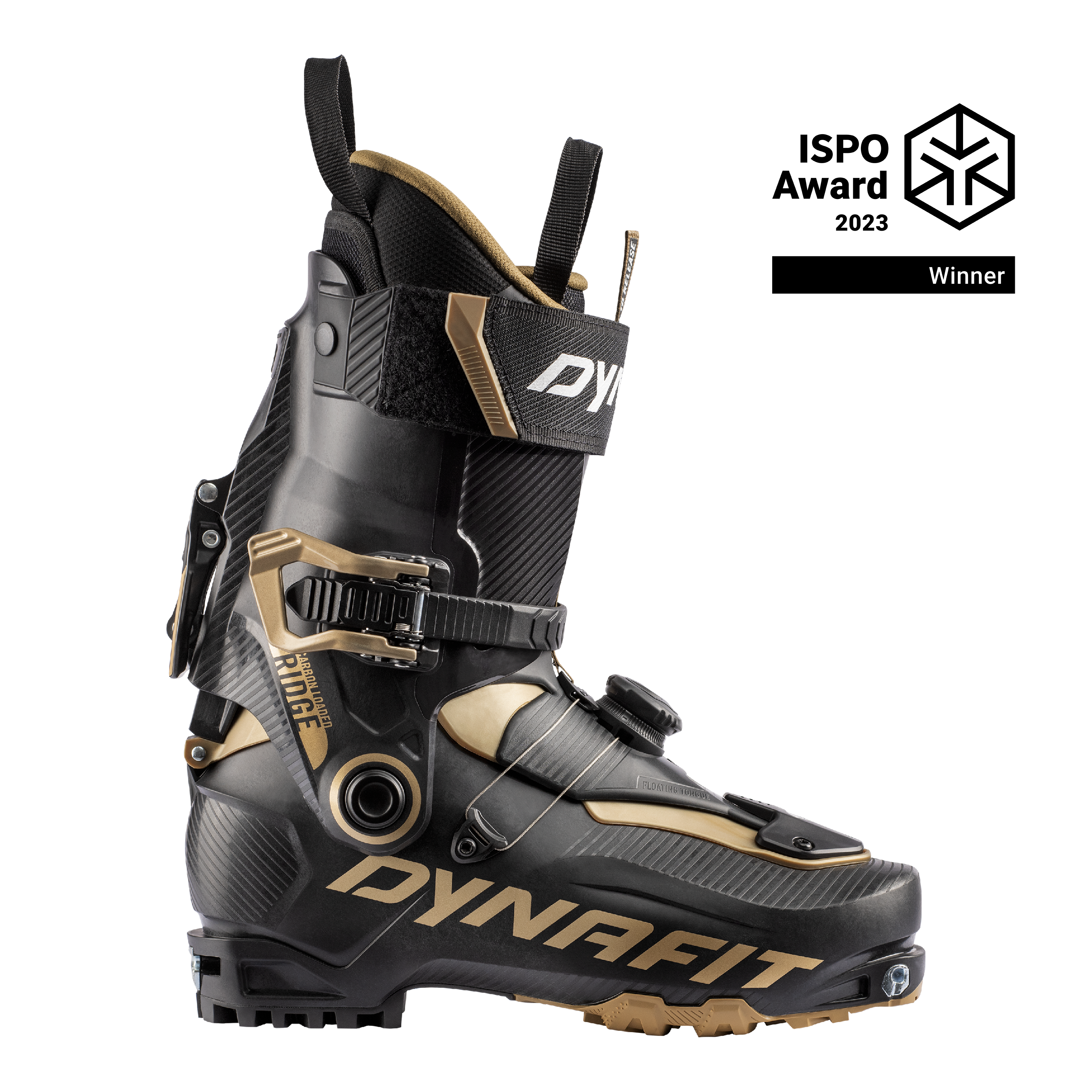 Dynafit Chaussure de ski de randonnée noire Chaussure de ski de randonnée noire Dynafit avec accents dorés, vue latérale. Logo ISPO Award 2023.