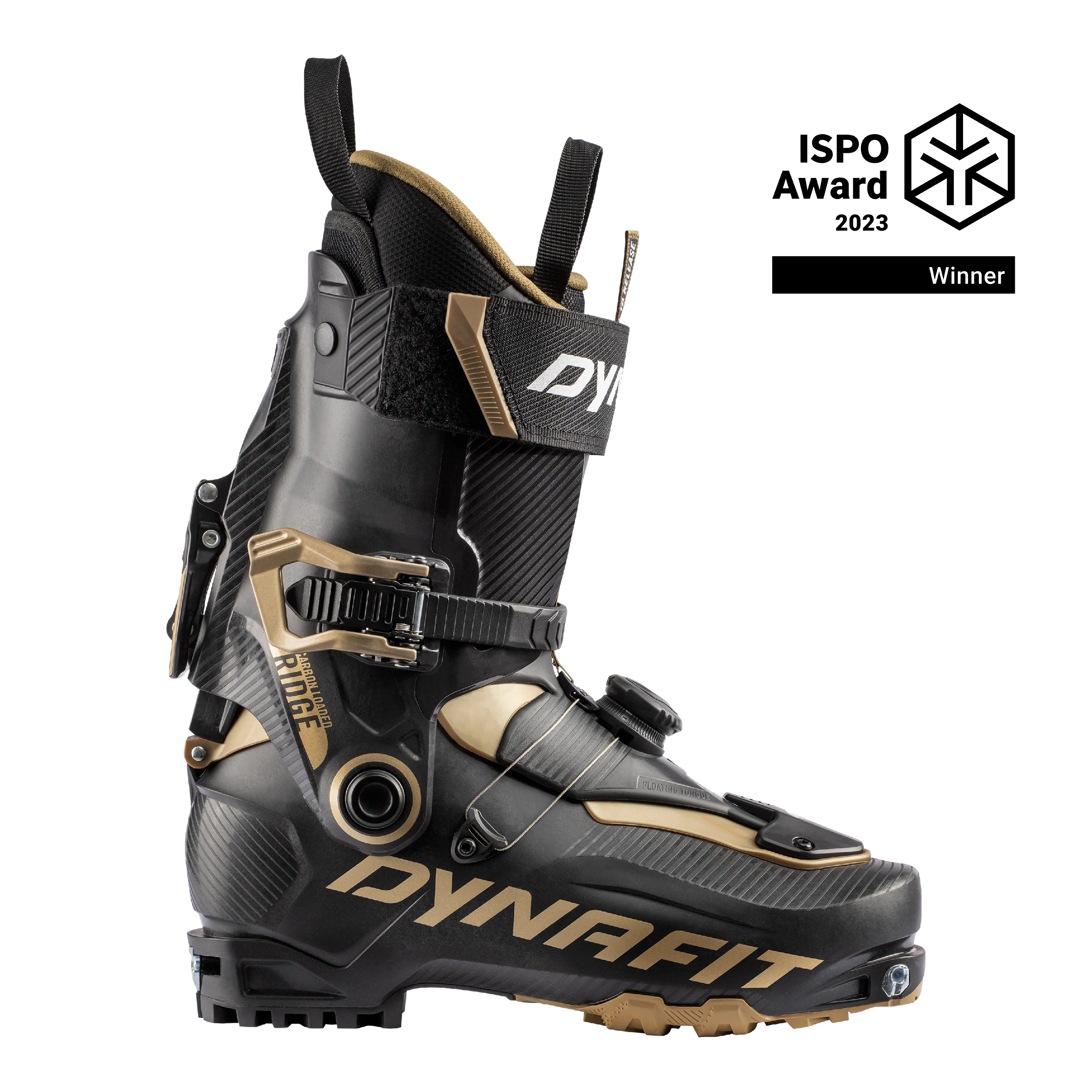 Black Dynafit touring ski boot with gold-colored accents, side view. ISPO Award 2023 logo.