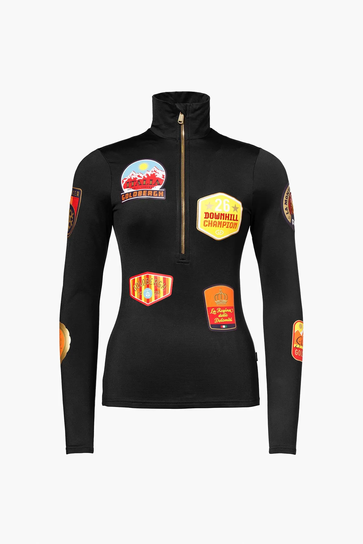 Black top with a high collar and golden zipper, decorated with colorful, themed patches.
