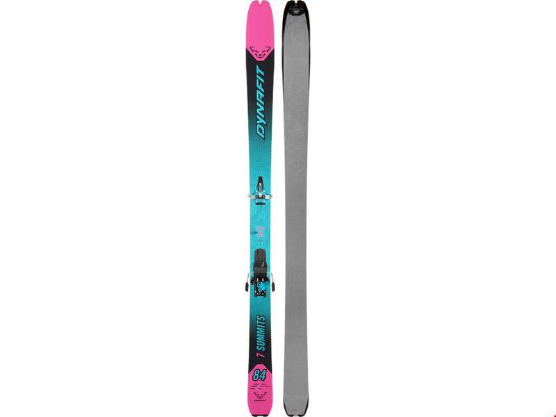 Ski-Set, Dynafit Seven Summits+ W: Ski mit Bindung und Fell. Türkis-pinkes Design mit Schriftzug.