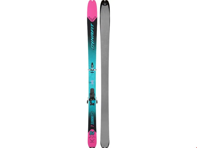Ski-Set, Dynafit Seven Summits+ W: Ski mit Bindung und Fell. Türkis-pinkes Design mit Schriftzug.