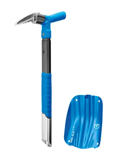 Blue PRO ALU III avalanche shovel with T-handle and POCKET SPIKE blade.