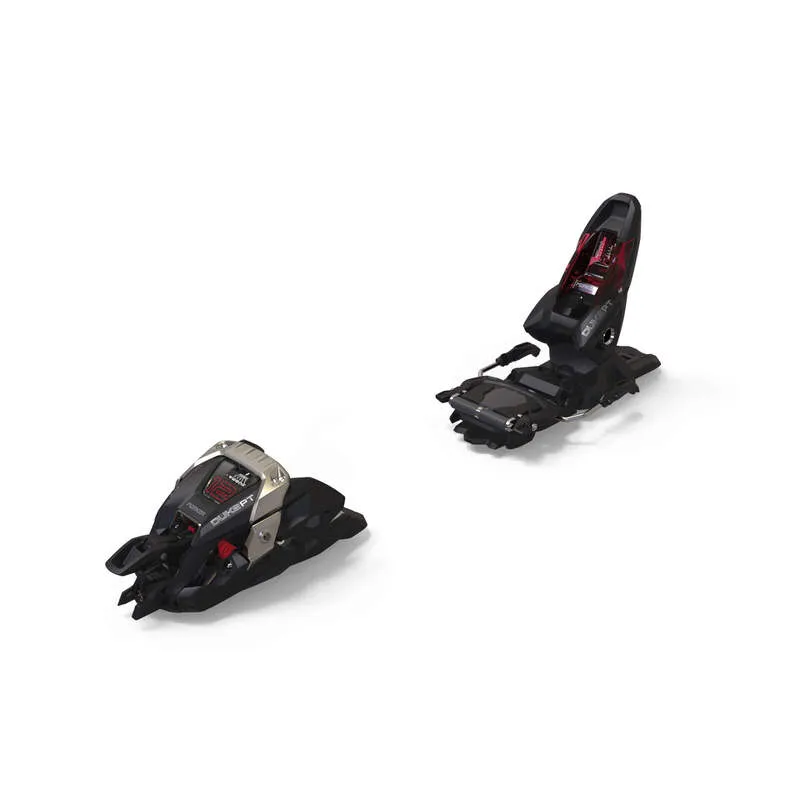 Two black Marker Duke PT 12 ski bindings, front and rear jaws, insulated on white.
