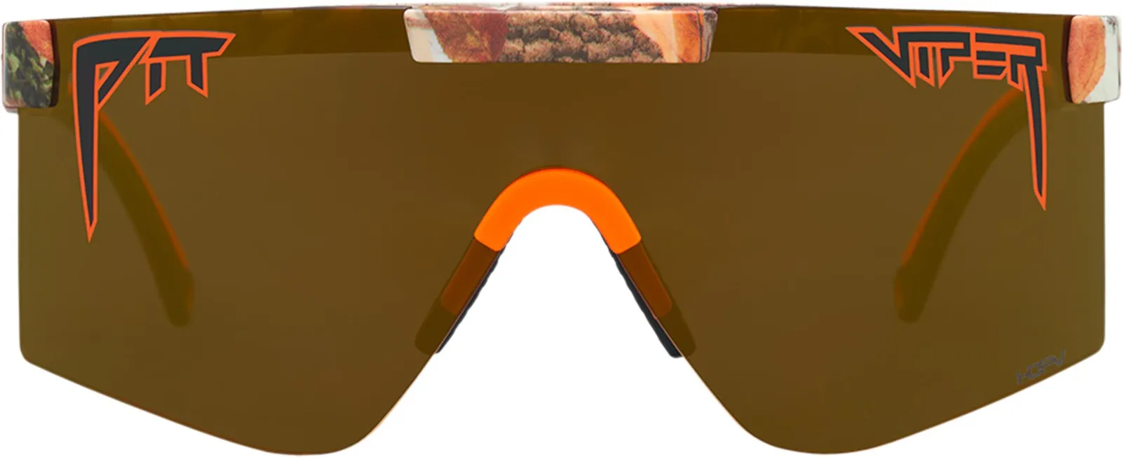 Pit Viper Sunglasses, model "The Actual Bush Original". Golden, polarized lenses, camouflage pattern on the frame.