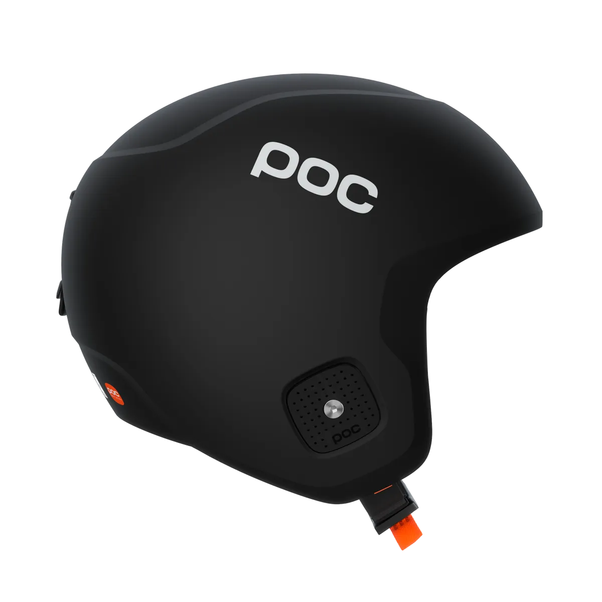 Casque de ski Poc Skull Dura X Spin noir, vue latérale, avec logo "Poc" blanc et jugulaire orange sur fond blanc.