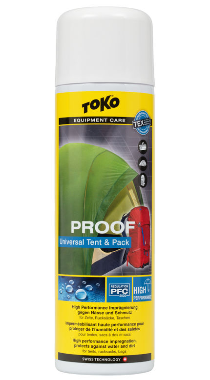 Spraydose Toko Tent & Pack Proof mit Zelt und Rucksack auf gelbem Etikett. Imprägnierung für Outdoor-Ausrüstung.