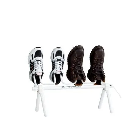 Alpenheat Radiator AD8 with two pairs of shoes for drying on a white frame.