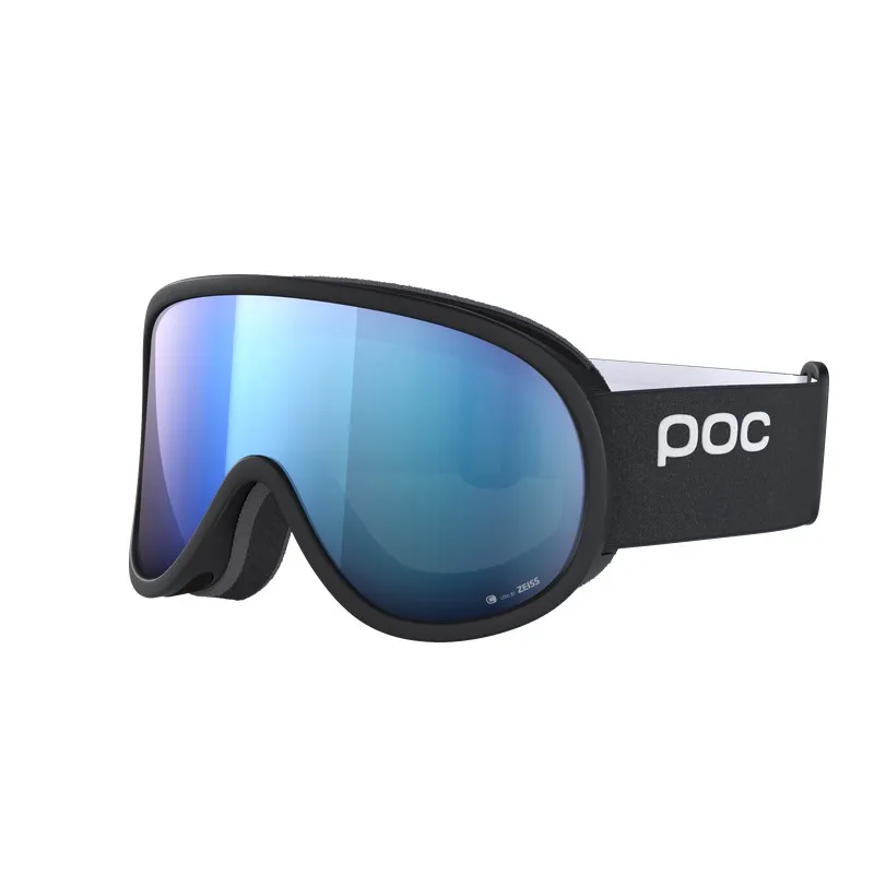 Black POC Retina Mid ski goggles with blue cylindrical lens, photographed from the side.