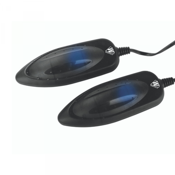 Zwei schwarze UV Schuhtrockner, länglich mit bläulichem Schimmer, liegen diagonal auf weißem Grund.
