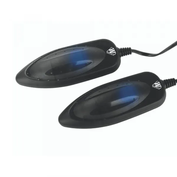 Zwei schwarze UV Schuhtrockner, länglich mit bläulichem Schimmer, liegen diagonal auf weißem Grund.
