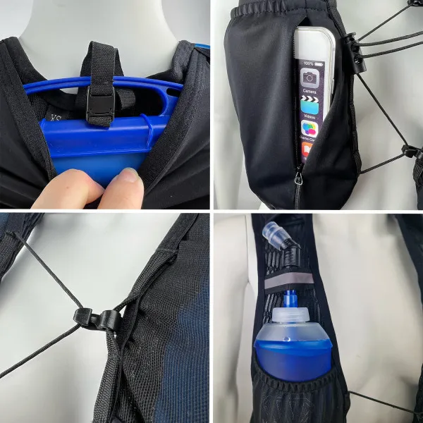 Détails du gilet d'hydratation Running Hydrabag Elite 8L : bouteille d'eau, poche avec téléphone portable, vessie d'hydratation et bouchon.