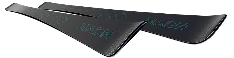 Dark MACH RAPTOR GT skis with turquoise "MACH" lettering and geometric pattern at the front.
