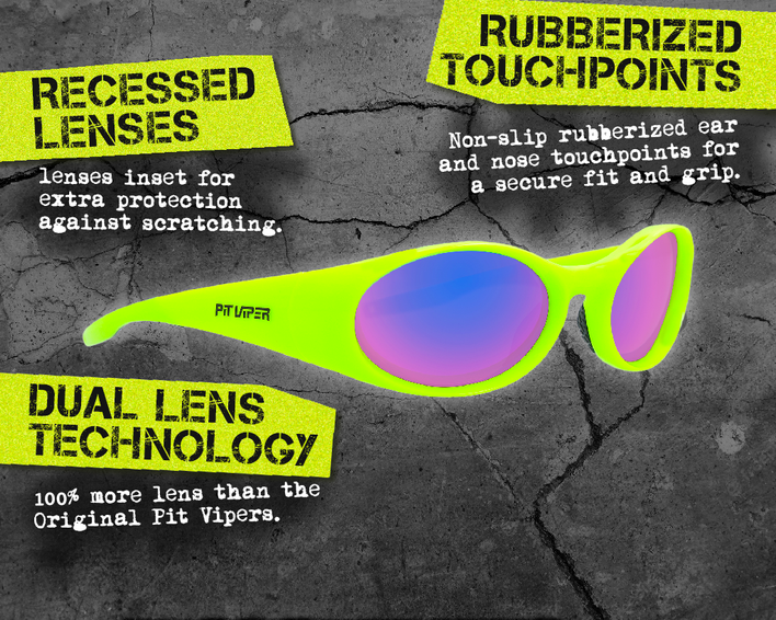 Neonfarbene Sludge Sonnenbrille, Detailaufnahme mit Informationen zu Gläsern und gummierten Kontaktpunkten.