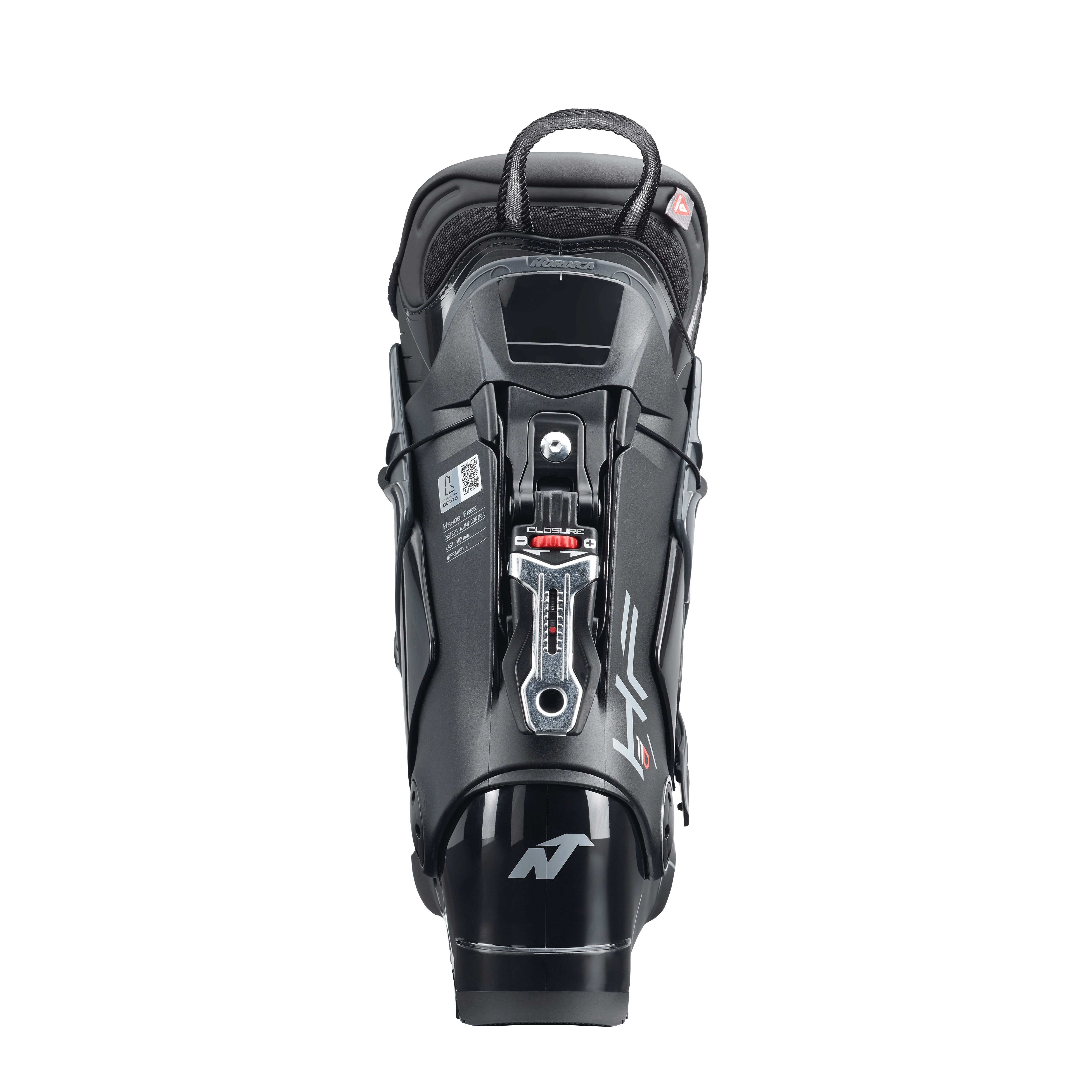 Schwarzer Nordica HF 110 GW Skischuh von hinten, Fokus auf Verschluss-System und Fersenbereich.