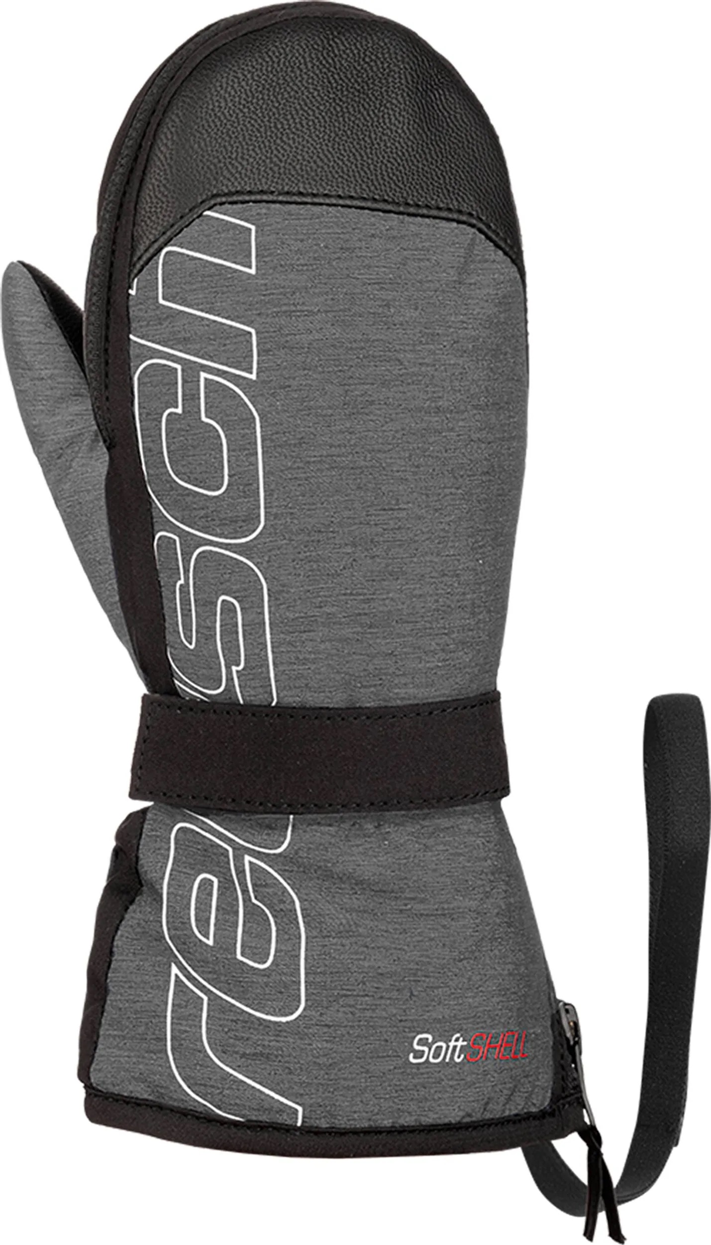 Nahaufnahme eines Reusch Baby Tech Fäustlings in Grau Melange mit schwarzem Kunstleder, R-Loft Isolation und Reißverschluss.