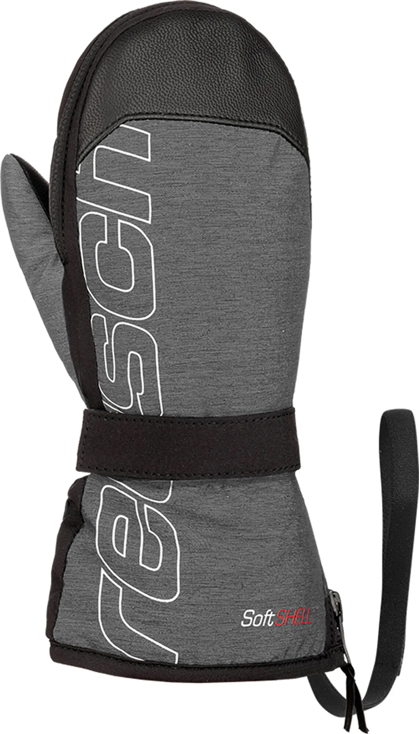 Nahaufnahme eines Reusch Baby Tech Fäustlings in Grau Melange mit schwarzem Kunstleder, R-Loft Isolation und Reißverschluss.