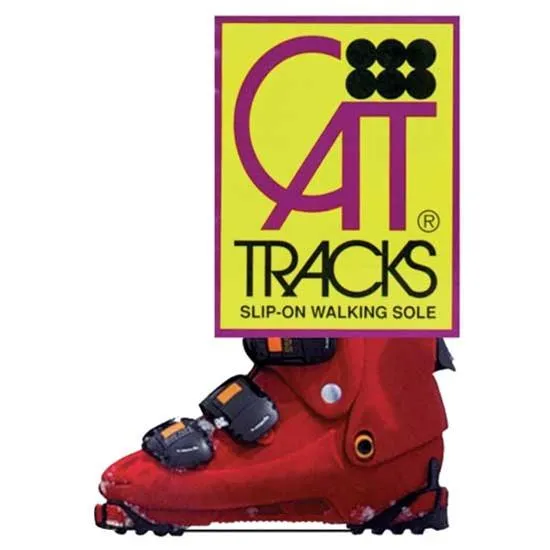 Red ski boot with rubber sole and Cat Tracks logo on yellow background.