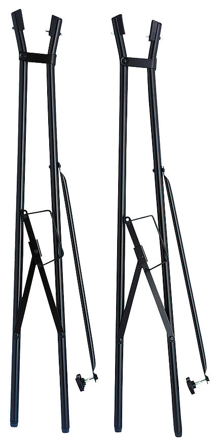 Zwei schwarze, faltbare Toko Legs für Cross Country Profile, die aufrecht stehen.