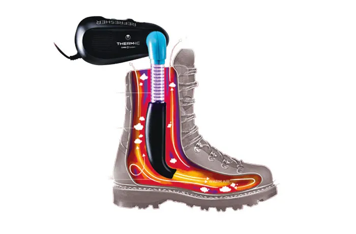 Diagram of a boot being dried with a shoe warmer. Warm air flows through the boot.