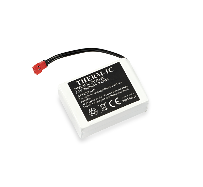 Ersatzbatterie Therm-ic Weiße Therm-ic Ersatzbatterie mit schwarzem Kabel und rotem Stecker, Aufdruck mit technischer Spezifikation.