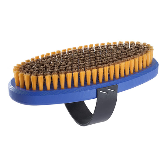 Ovale Bronzebürste mit blauen Griff, langen Drahtborsten und Handschlaufe.