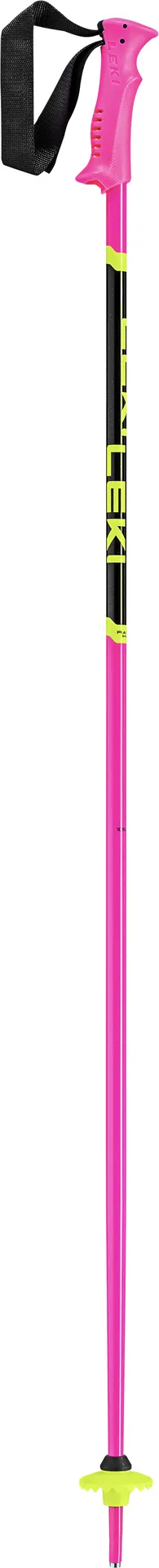 Pink Leki Racing Kids ski pole with black wrist strap and yellow accents.