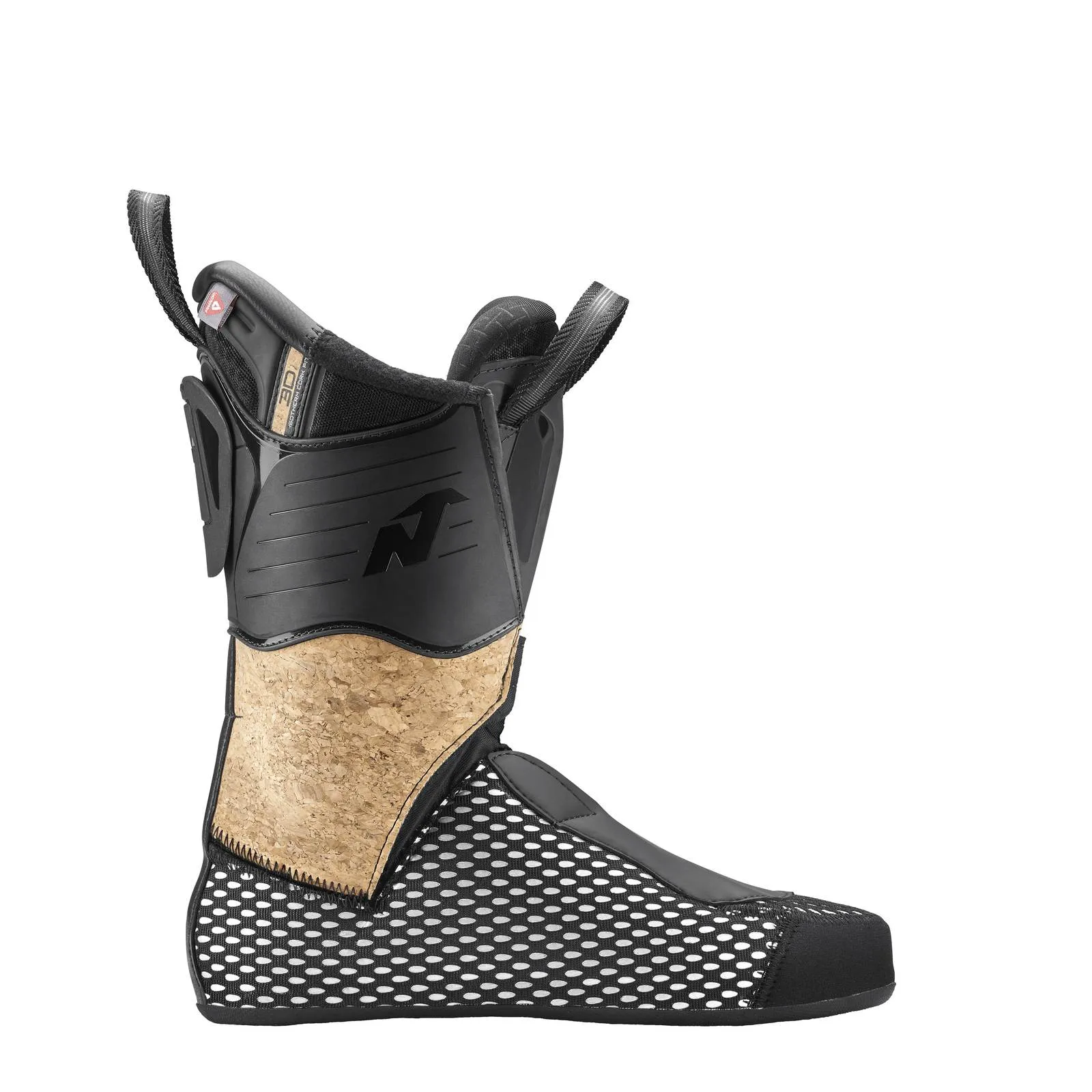 Chausson intérieur de la chaussure de ski Nordica HF 110 GW, vue du profil.  Détails : liège, mesh, textile noir, logo.