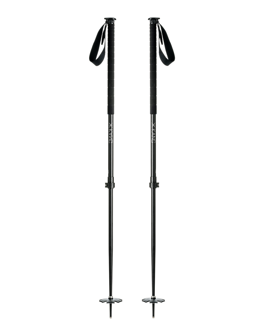 Deux bâtons de ski noirs avec dragonnes se tiennent debout sur un fond blanc.