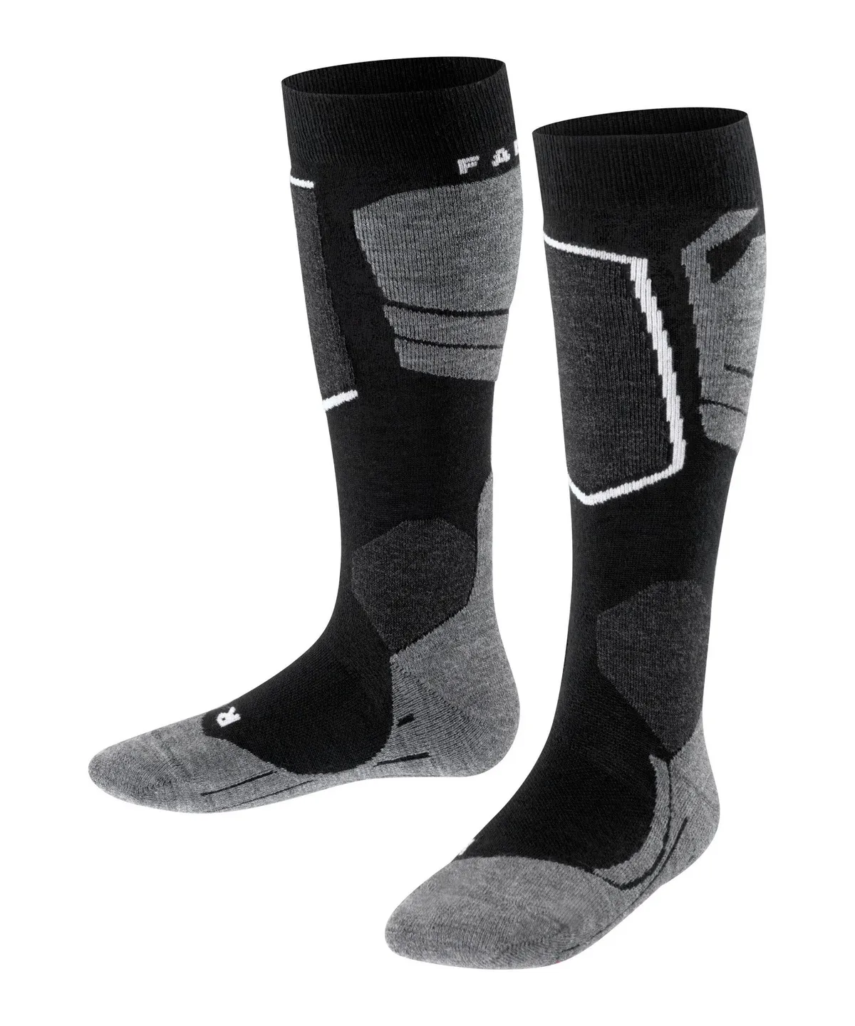 Black, knee-high ski socks with gray accents on the heel, toes, and sole, as well as reinforcements on the shin and calf for comfort and protection. Features white details and the Falke logo on the cuff. Left sock marked with an “R.”