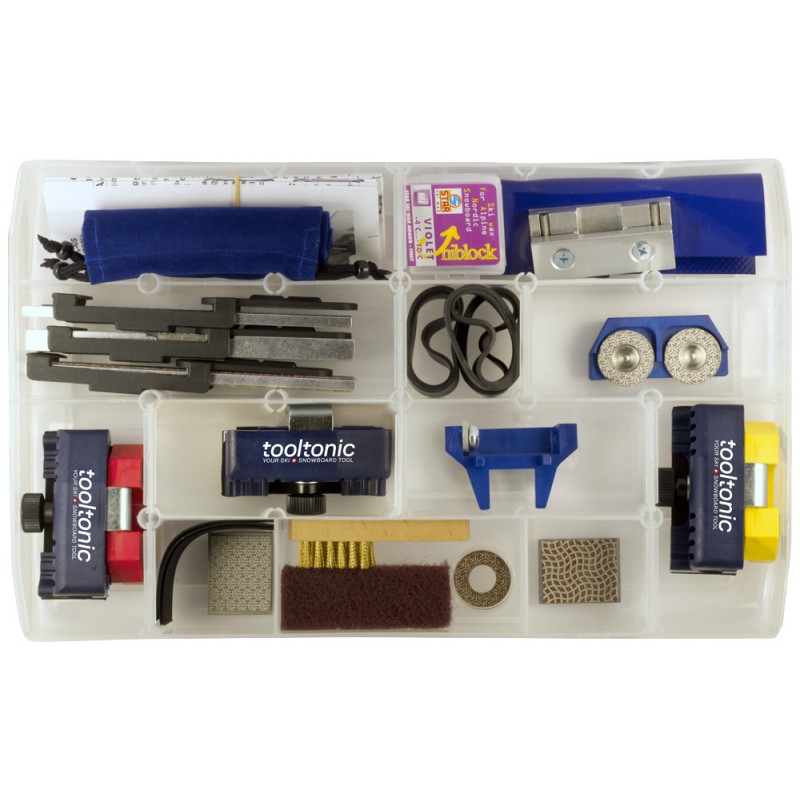 Boîte à outils pour les sports d'hiver Boîte à outils claire pour le tuning de ski et de snowboard avec limes, brosses, manches de carres et meules dans des compartiments séparés.