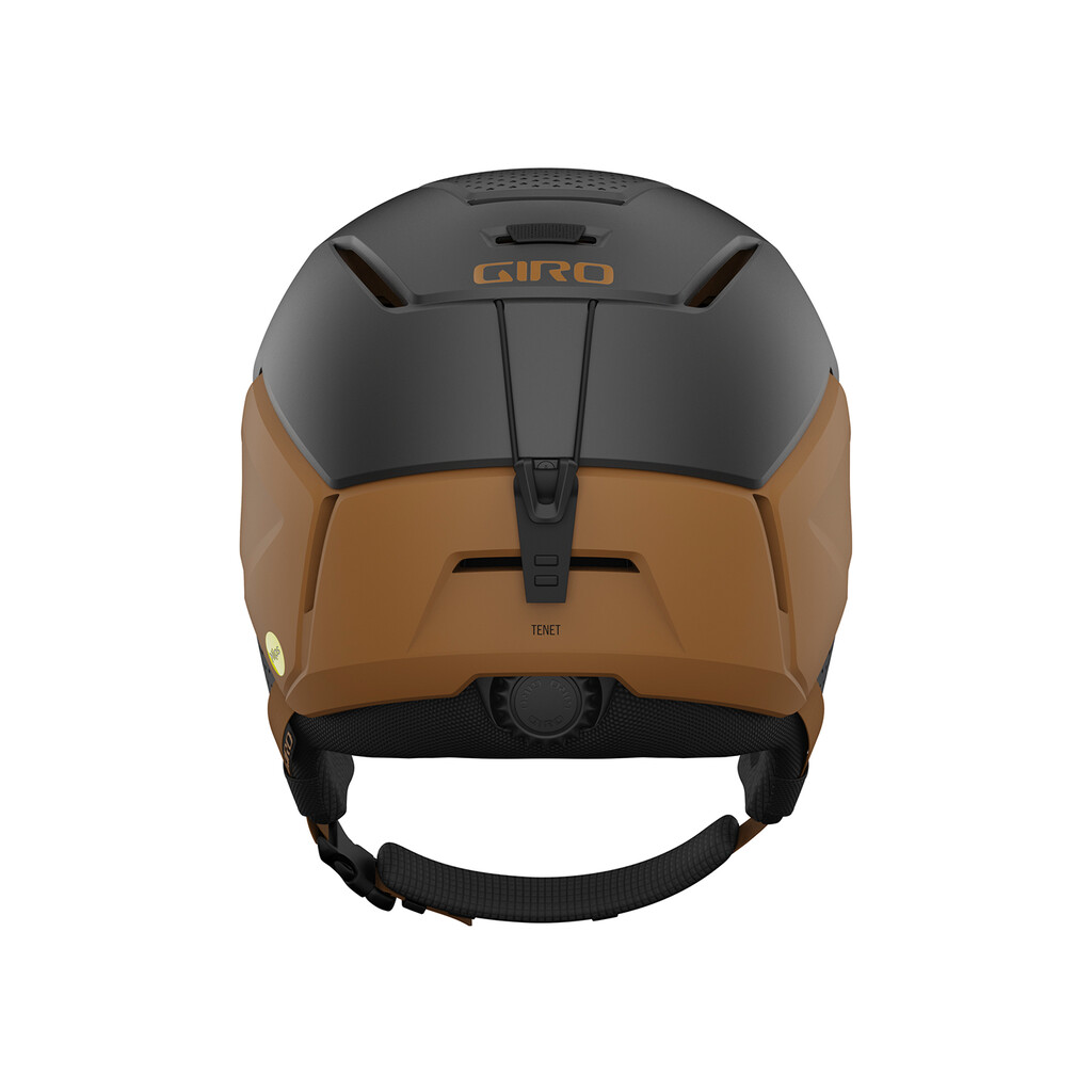 Rückansicht des Giro Tenet MIPS Skihelms in Metallic Coal/Tan mit Einstellrad und Riemen.