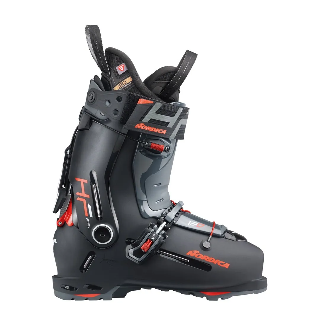 Nordica HF Pro 130 GW ski boot in black-anthracite, side view. Details: buckle, inner boot straps, red accents.