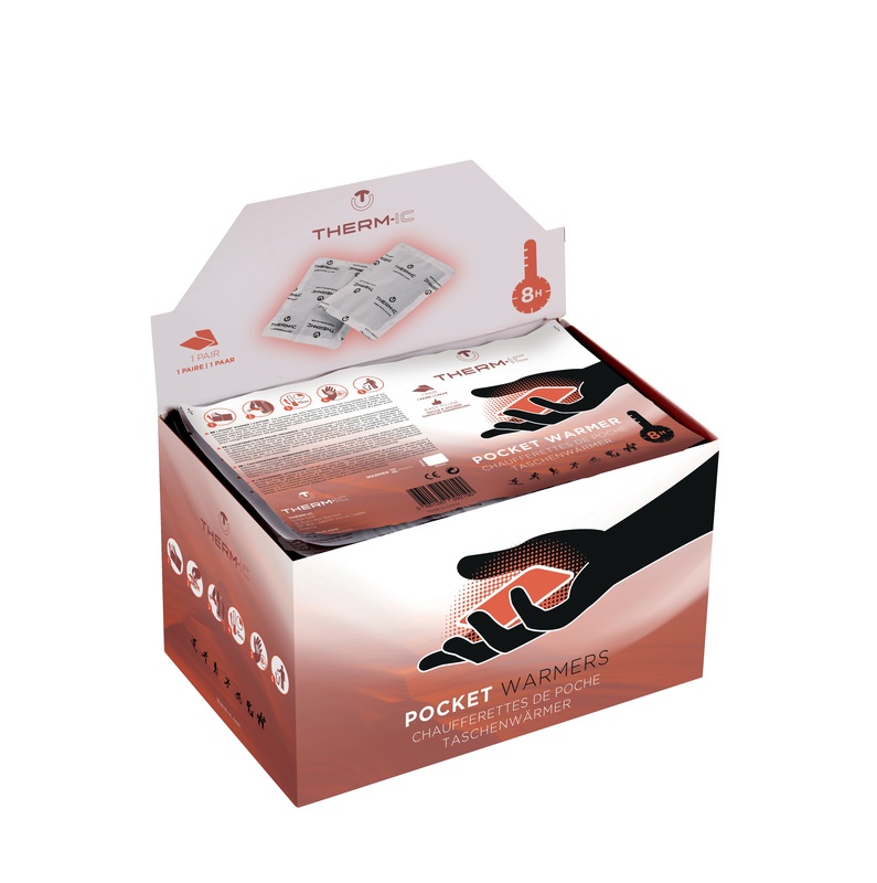 Verpackung der Therm-ic Pocket Warmer Handwärmer, mit Packungsinhalt und Produktinformationen.