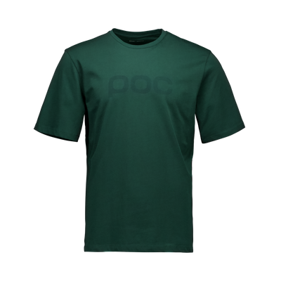 Ein grünes T-Shirt mit dem Schriftzug „poc“ auf der Vorderseite.
