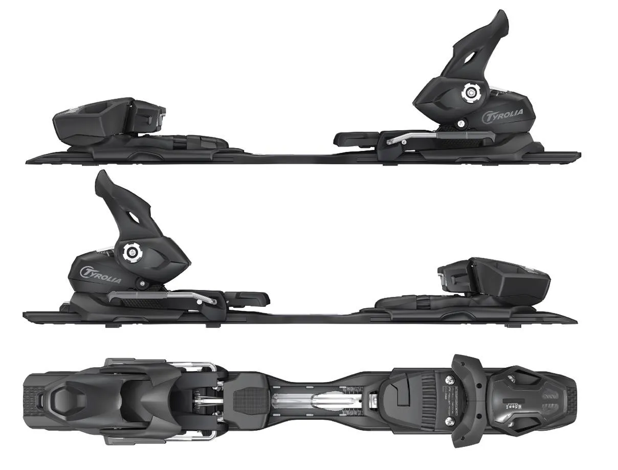 Drei Ansichten der Ramser Black Ski-Bindung in mattschwarz. Seitenansichten oben und mittig, Draufsicht unten.