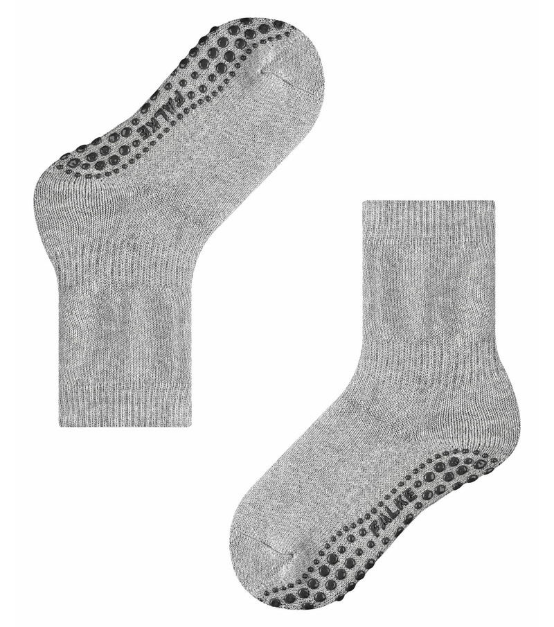 Two gray children's socks with studs from Catspads, one horizontal and one vertical.