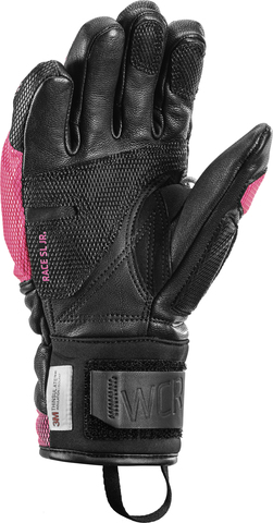 Schwarzer Leki WCR Venom 3D Junior Rennhandschuh mit pinkem Akzent, Innenhand nach oben.