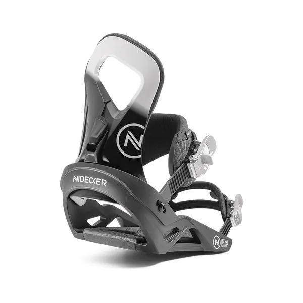 Black Nidecker Team snowboard binding with silver accents and logos, side view.