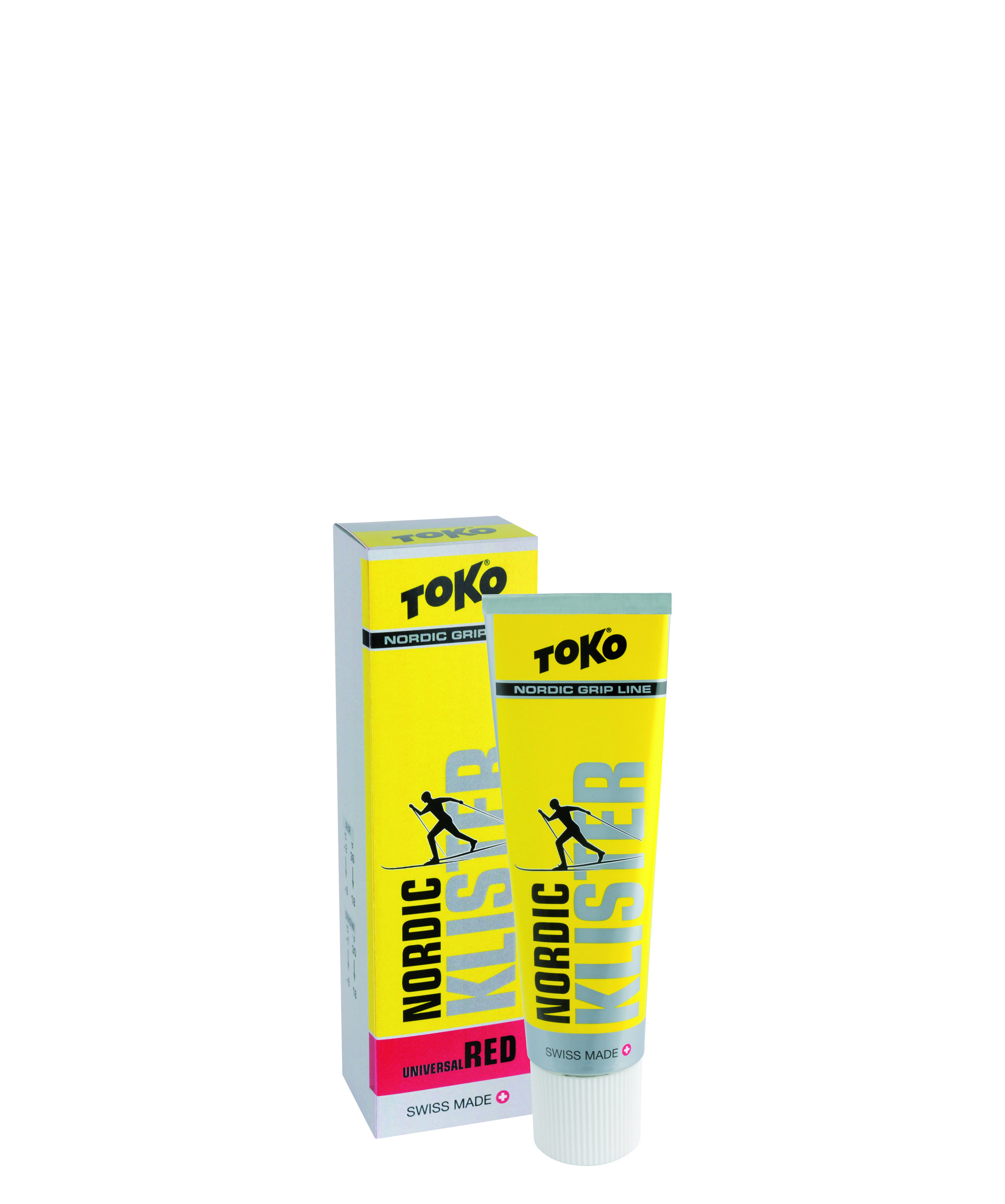 Verpackung und Tube Toko Nordic Klister red mit Grafik eines Langläufers.