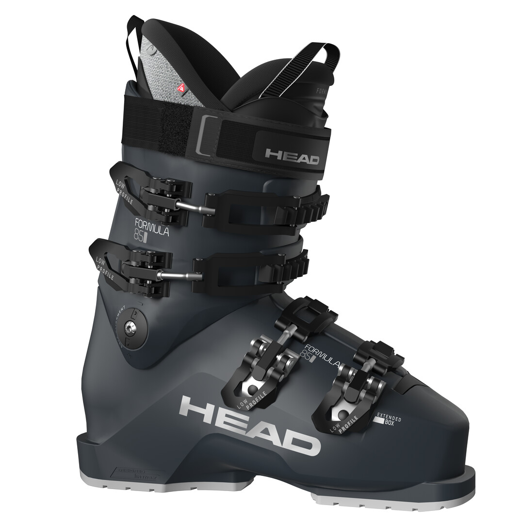 Dunkelgrauer Head Formula 85 Skischuh mit vier Schnallen und Klettverschluss.