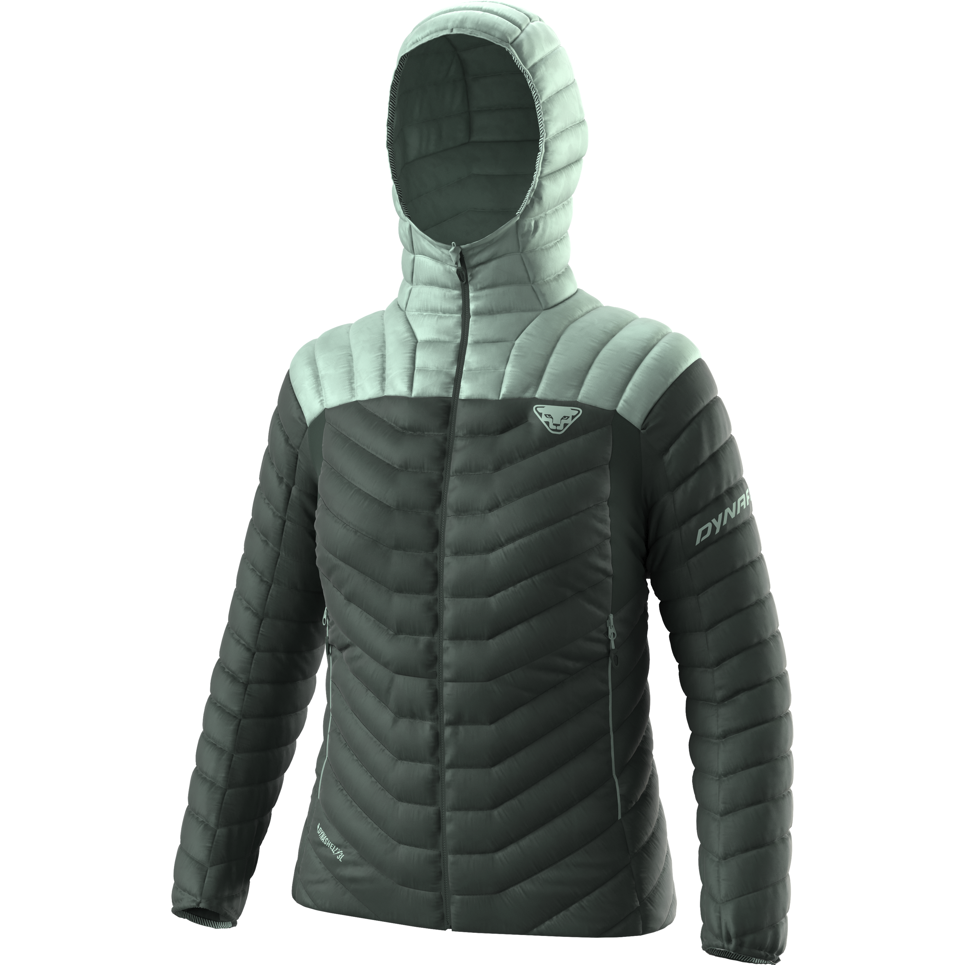 Veste matelassée pour femmes Vert-Gris Veste matelassée avec capuche, Dynafit Ridge Doudoune Ultralight pour femme, vert/gris, fermeture éclair.