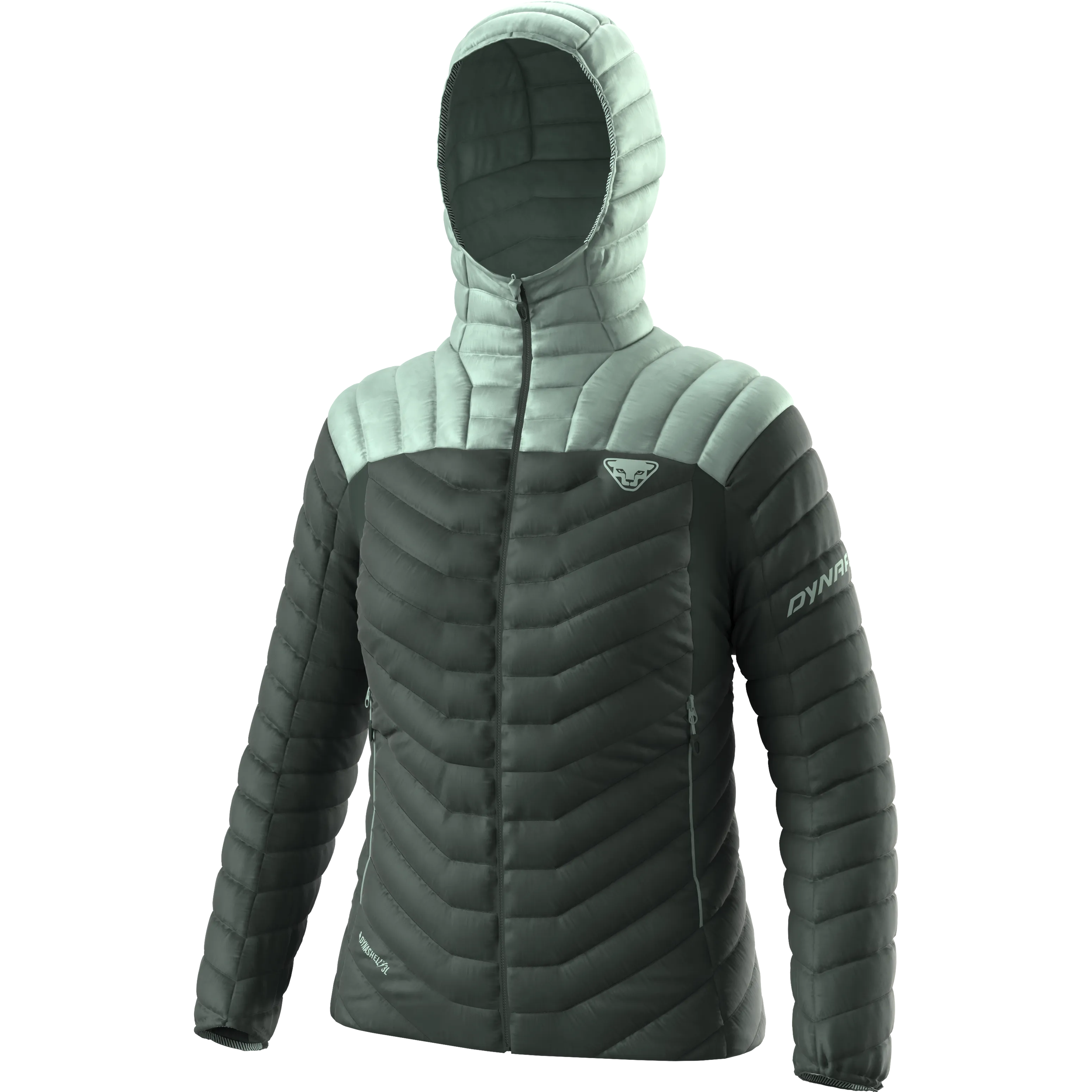Quilted jacket with hood, Dynafit Ridge Ultralight down jacket for women, green-grey, zipper.