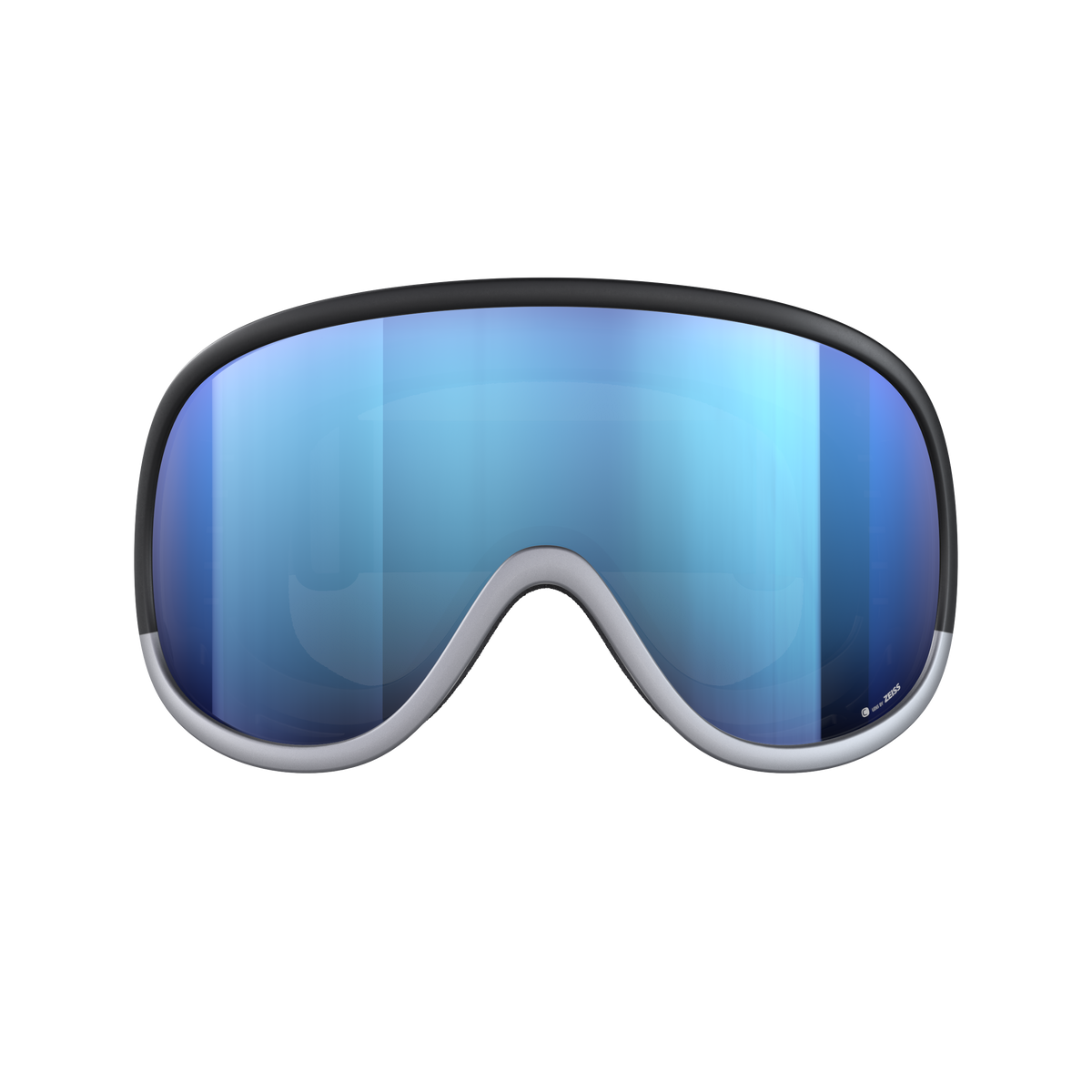 Vista frontale delle maschere da sci POC Retina Race. Montatura nera, lenti blu.