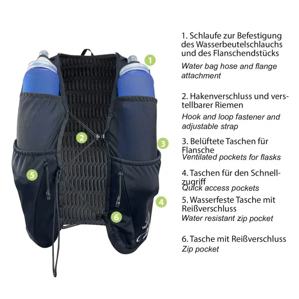 Gros plan sur le gilet d'hydratation Hydrabag Elite 8L avec deux bouteilles d'eau bleues dans les poches avant. Inscription des détails.