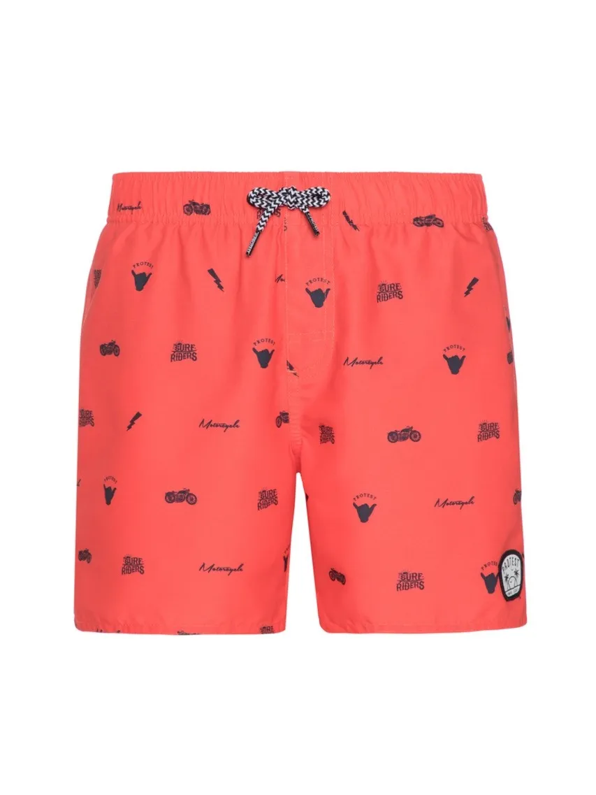 Pantaloncini da bagno rossi con elastico in vita e cordoncini a quadri bianchi e neri. Il motivo è composto da elementi neri quali motociclette, mani, fulmini e scritte. Un logo rotondo è posizionato sull'orlo in basso a destra.